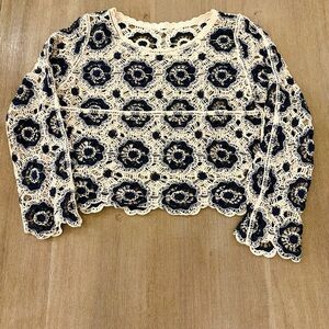 Elegant Navy and Cream Crochet Lace Top